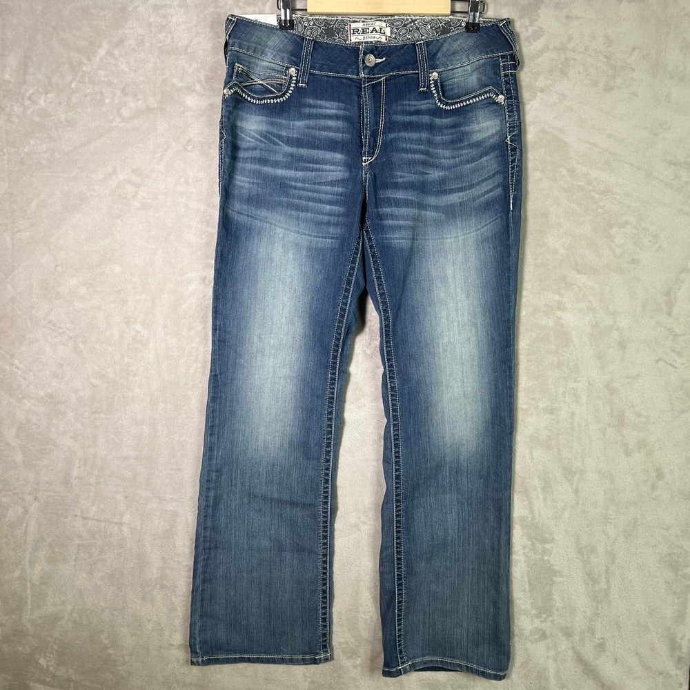 ARIAT REAL Denim Jeans 33R Mid Rise‎ Boot Cut Cowboy Stitching Embroidered